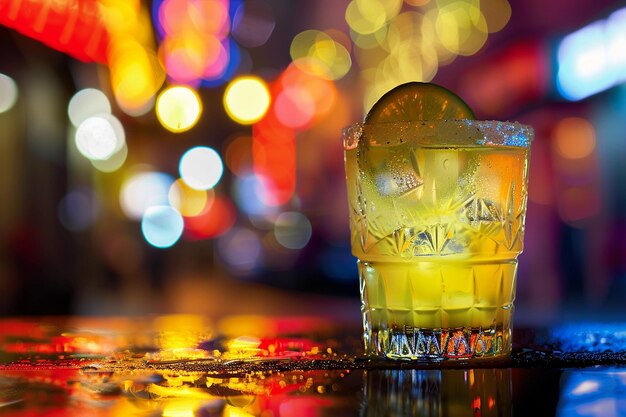 A tequila cocktail with a background of a bustling city nightlife