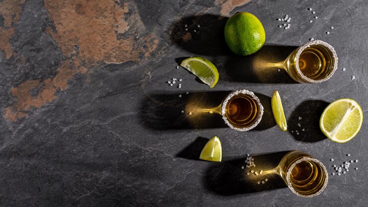 Photo tequila shot with lime and sea salt on stone background space for text concept luxury drink alcoholic drink concept mexican national drink long banner format