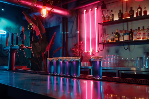 Tequila shots on a bar with neon lights