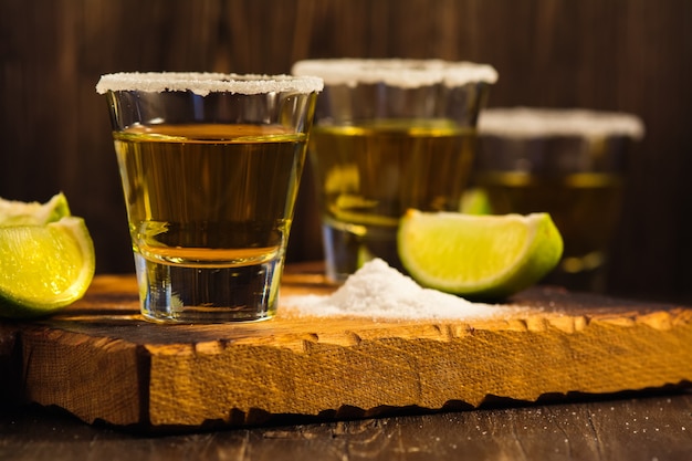 Tequila shots, salt and lime slices