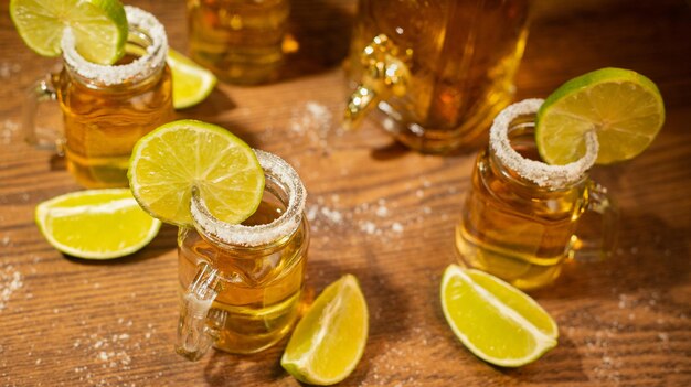 Tequila shots served in jars with salt and lime on wooden table