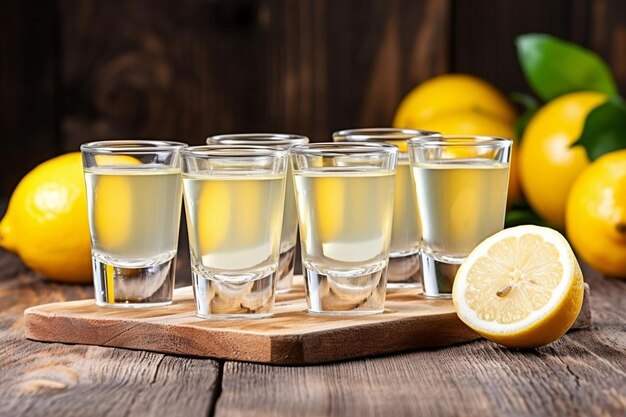 Tequila shots with lemon on the table