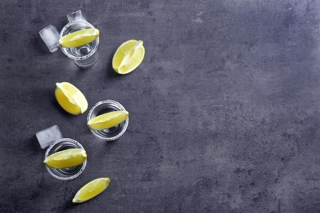 Tequila shots with lime slices and salt on table