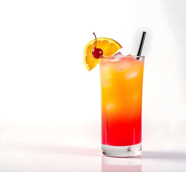 Tequila Sunrise cocktail on white background with copy space AI generated