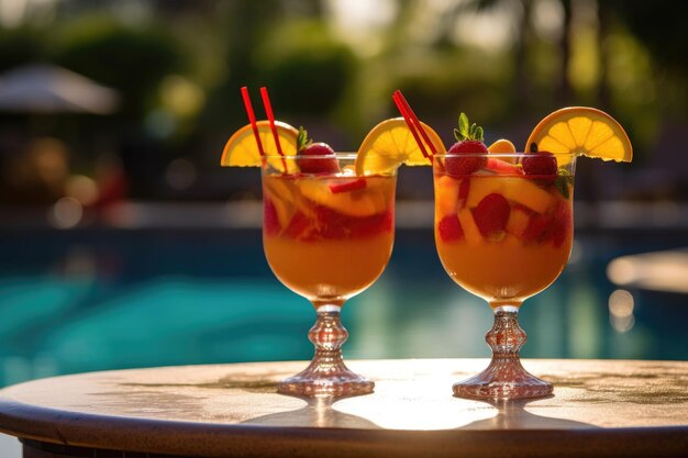 Tequila sunrise cocktails with fruit garnish by pool created with generative ai