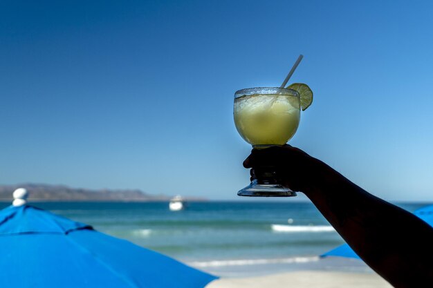 Tequila sunrise glass in a beach bar in mexico baja california sur