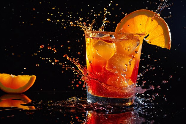 Tequila zonsopgang cocktail met splashes op zwart