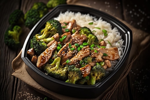 Teriyaki chicken and broccoli stir fry with rice the toning selective focus