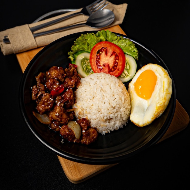 teriyaki chicken rice bowl on wooden cutting board