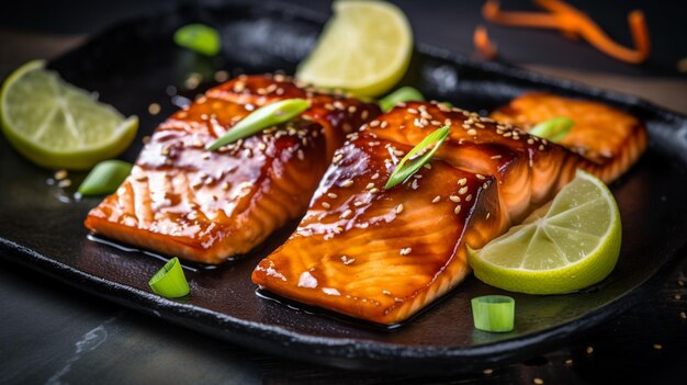 teriyaki salmon fillet baked in an oven served on a black plate with lime wedges Generative AI