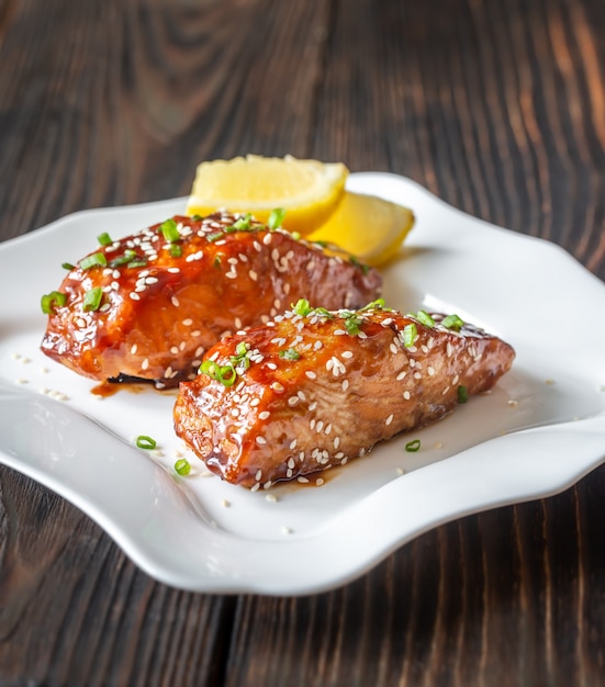 Teriyaki salmon on the white plate