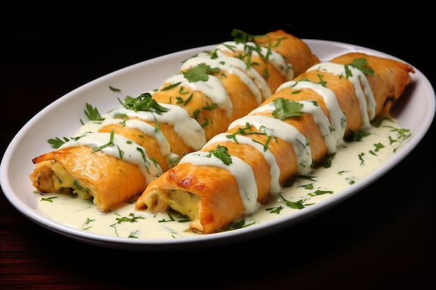 Teriyaki zalm enchiladas met wasabi room saus