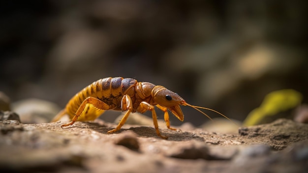 A termite crawls on a wood surface.