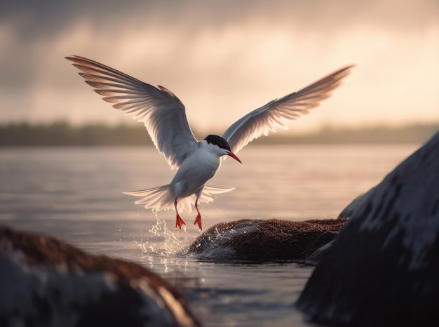 A tern taking off and scene of terns in flight