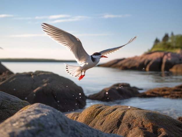 A tern taking off and scene of terns in flight