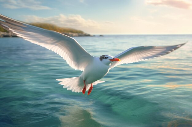 Tern vogel vliegt over de zee