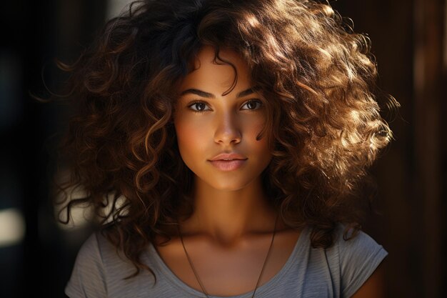 Terna and dreamy beautiful dark skinned woman curly hair in a brown fashion t generative IA