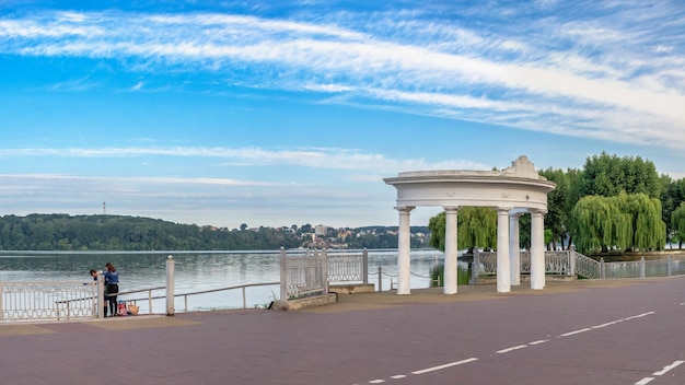 Ternopil, Ukraine 06.07.2021. The embankment of Ternopil pond in Ukraine on a summer morning