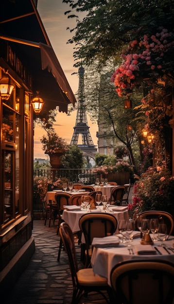 terrace of bistro in paris evening soft light with the Eiffel tower