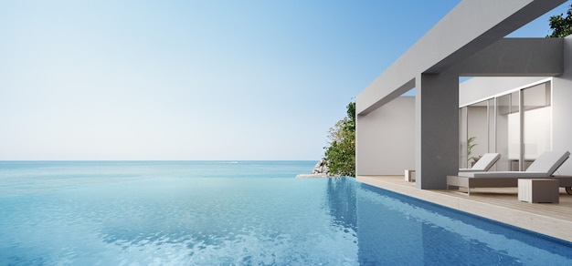 Terrace near living room and swimming pool in modern beach house