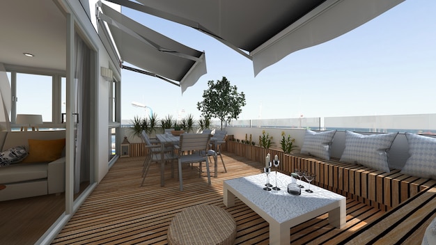 Terrace overlooking the port 3d project render