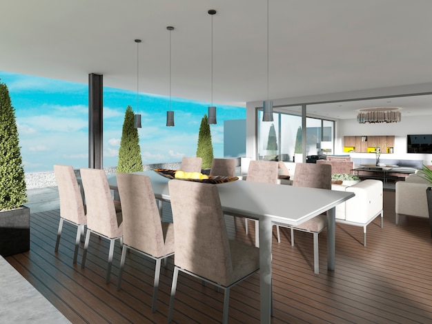 terrace with dining table in the style of contemporary. 3d rendering
