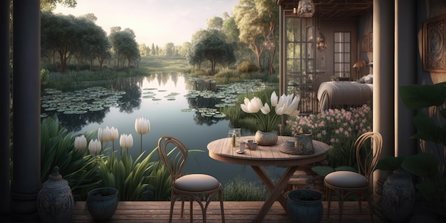 Terrace with pond view design with wooden structure in spa hotel or luxury home