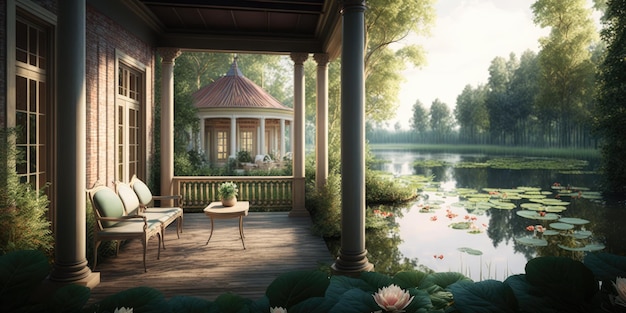 Terrace with pond view design with wooden structure in spa hotel or luxury home