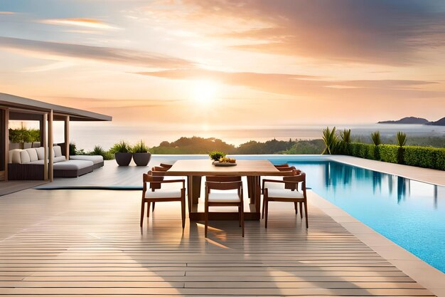 A terrace with a pool and a table with chairs and a sunset