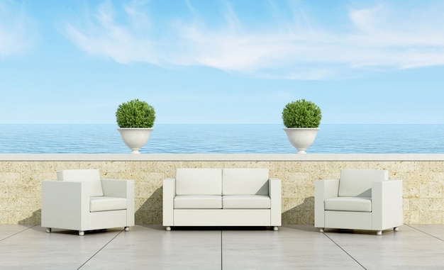 Terrace with white sofa and armchairs