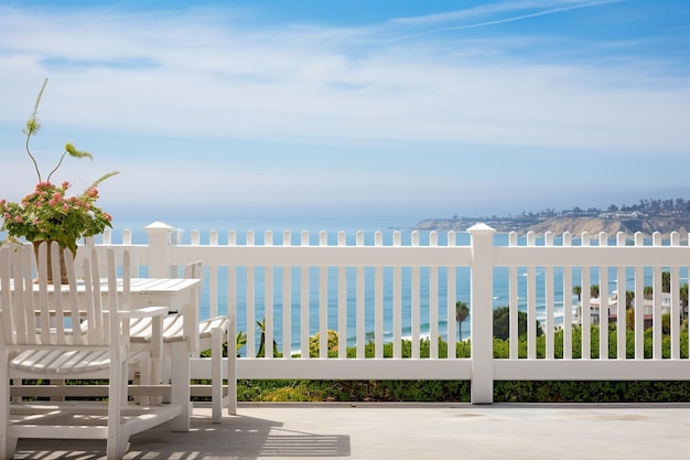 terrace with wooden white fence overlooking the ocean