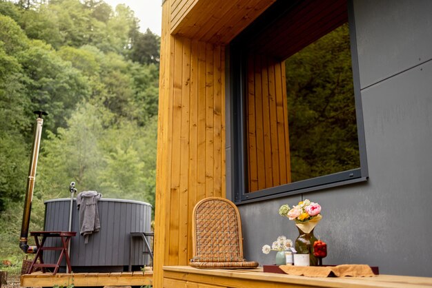 Terrace of a wooden house on nature