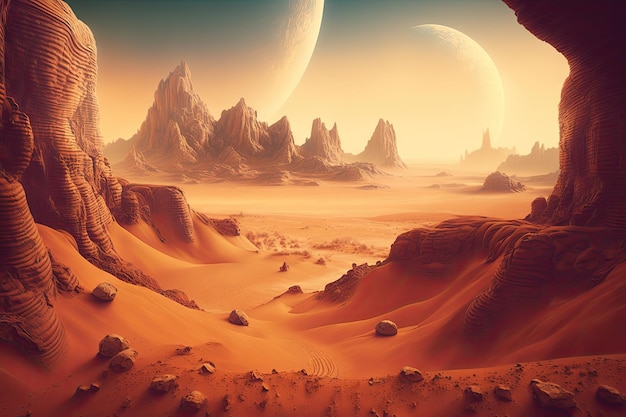 Terraced landscape of mars inhabited by humans in future in virtual reality futuristic virtual world