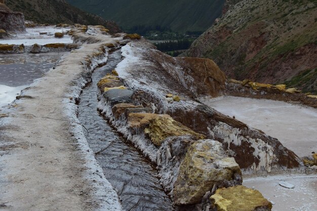 Terraced salt pans also known as Salineras de Maras among the most scenic travel destination in Cusco Region Peru