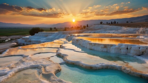 Terraced thermal pools at sunset