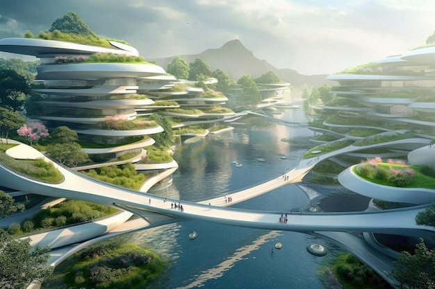Террасный городской футуристический стиль Архитектура Городской пейзаж экстремальный крупный план Генеративный ИИ