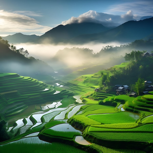 Terraced with mountain view in the morning