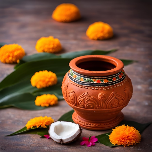 Foto terracotta clay pot kalash decorato con foglia di cocco mango posizionato su fiore rangoli