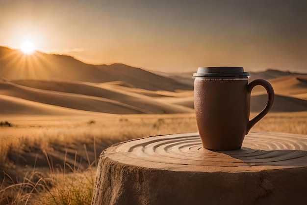 Terracotta koffiekop in de woestijn Afrikaanse patronen eerlijke handel koffie