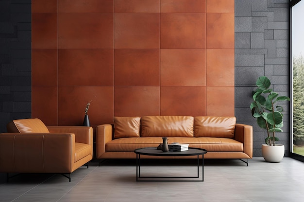 Terracotta leather sofa with stone tile 3d panel wall modern living room interior design