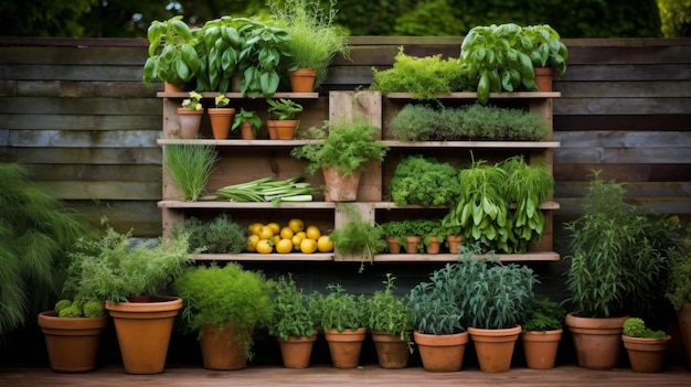 Terracotta pots with herbs on wooden garden shelf ai generated