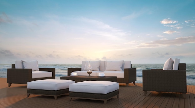 Foto terras aan zee en woonkamer 3d render er zijn houten vloeren en rotan meubels