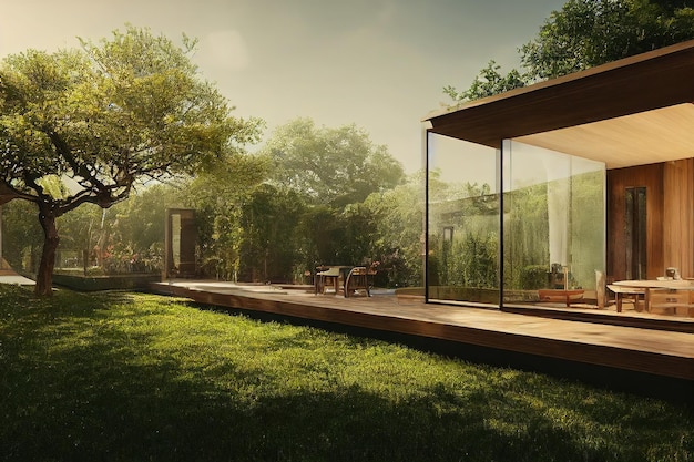 Terras van een houten huis met glazen deuren en toegang tot een zomertuin met groen gras en bomen 3d illustratie