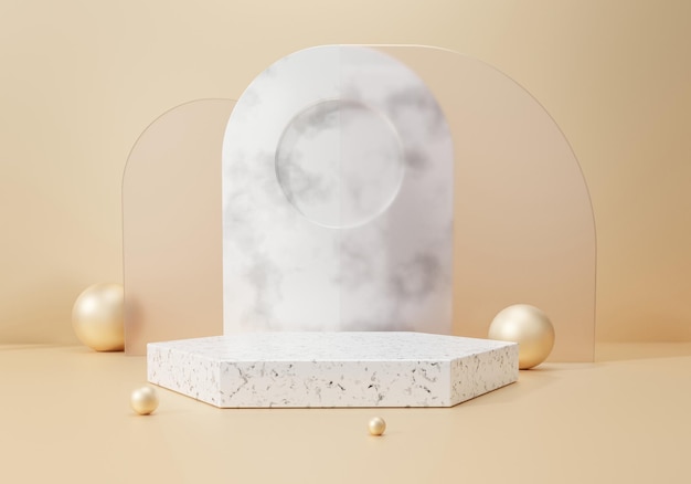 Terrazzo marble pedestal podium gold color with geometric shapes hexagon one floors curved wall display abstract platform for product background presentation minimal stand showcase 3d rendering