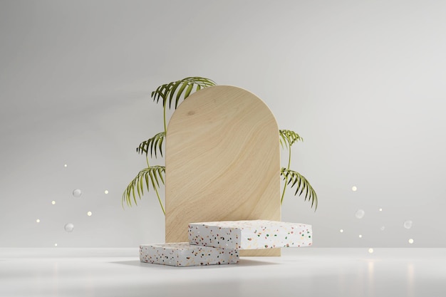 Terrazzo marmer product presentatie podium platform mockup 3D-rendering met palmboom achtergrond