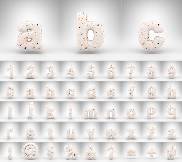 Terrazzo patroon alfabet met kleine letters op witte achtergrond. 3D-gerenderde letters, cijfers en lettertypesymbolen met terrazzotextuur.