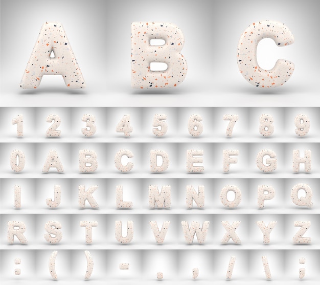 Фото Алфавит образца терраццо с прописными буквами на белом фоне. 3d визуализированные буквы, цифры и символы шрифта с терраццо текстурой.