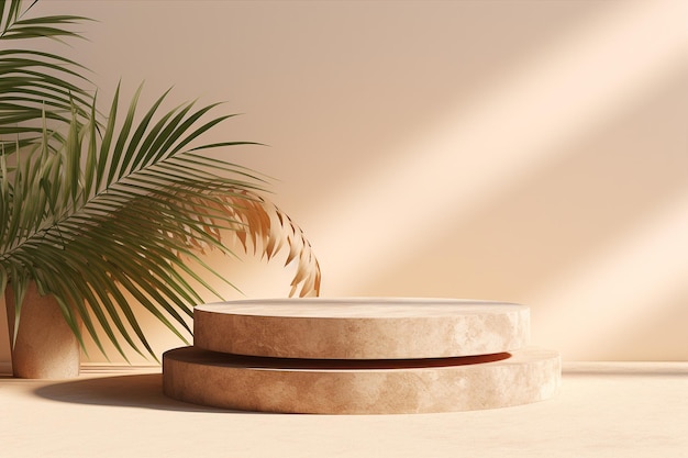 Terrazzo stenen podium met palmbladeren voor productvertoning Zon schaduwen op de achtergrond Generatieve AI
