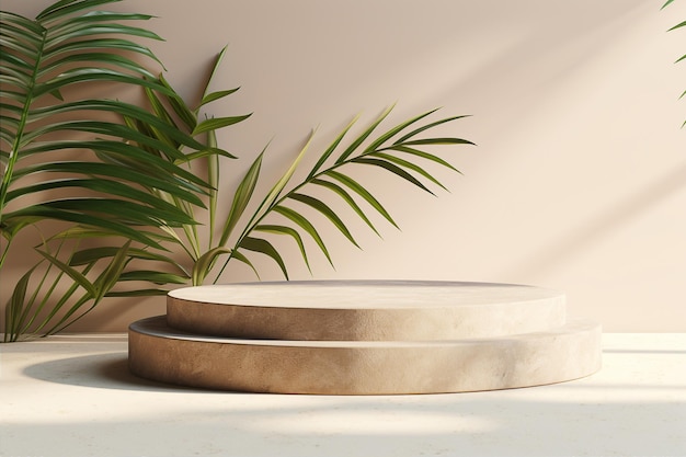 Terrazzo stone podium with palm leaves for product display Sun shadows in the background Generative AI