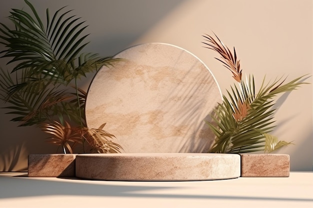 Терраццовый каменный подиум с пальмовыми листьями для демонстрации продукта Солнечные тени на заднем плане Генеративный ИИ